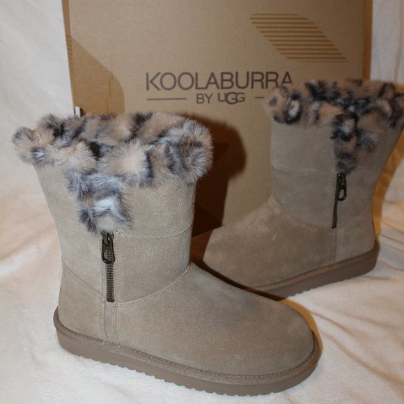 NIB UGG KOOLABURRA WOMEN'S CLASSID‎ SHORT SUEDE LEOPARD FUR LINED BOOTS TAN - Picture 2 of 6